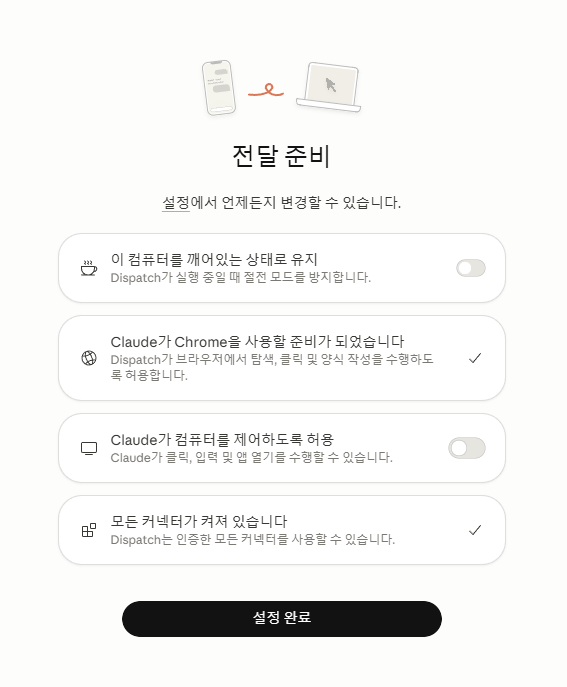 Claude Cowork 앱의 Dispatch 설정 화면 - 파일 접근 권한 및 절전 방지 토글