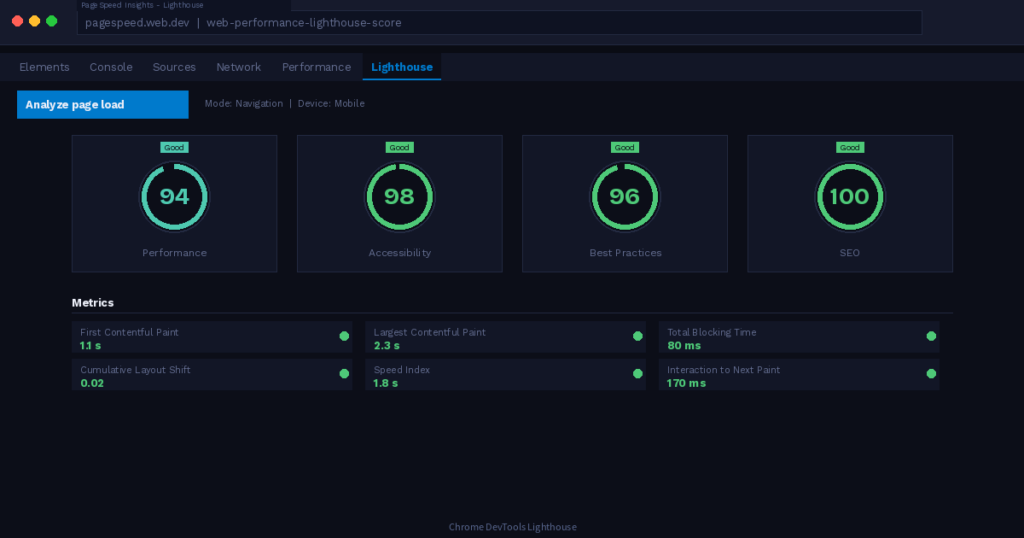 Chrome DevTools Lighthouse 성능 점수 측정 결과 화면