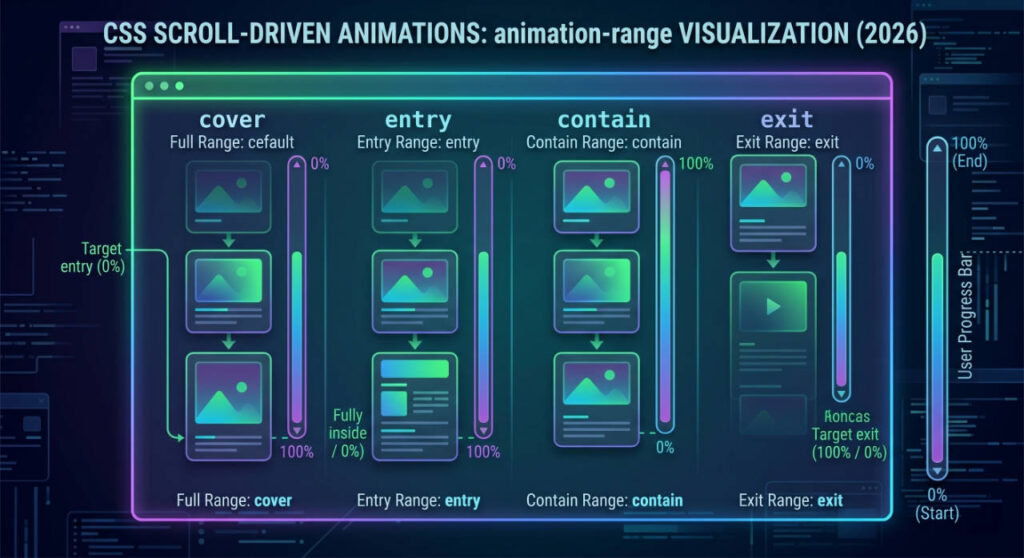 entry, contain, exit, cover 4가지 animation-range 값이 뷰포트 내 요소 위치에 따라 어떻게 다르게 적용되는지 보여주는 스크린샷