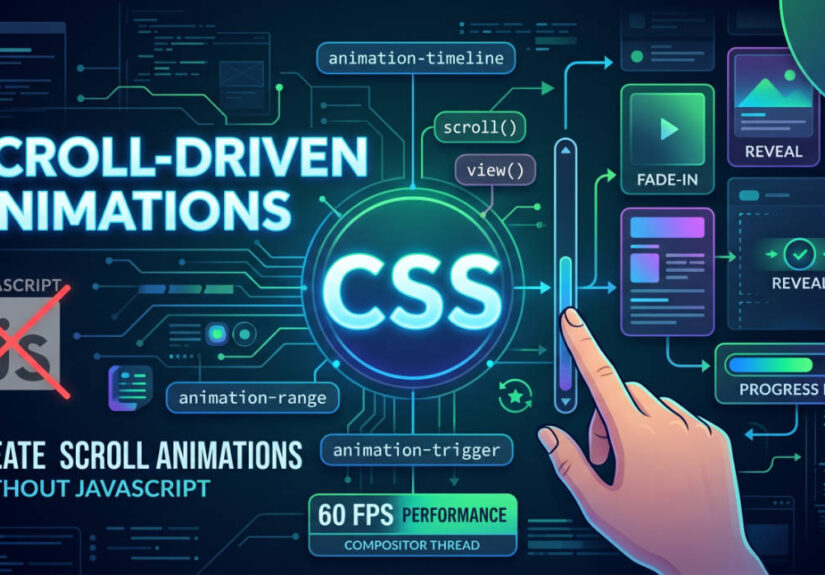 CSS scroll-driven animations 코드와 데모를 보여주는 다크 터미널 스타일 커버