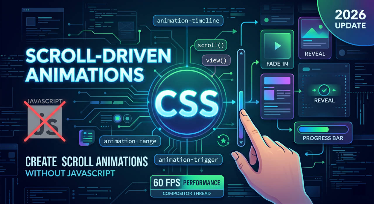 CSS scroll-driven animations 코드와 데모를 보여주는 다크 터미널 스타일 커버